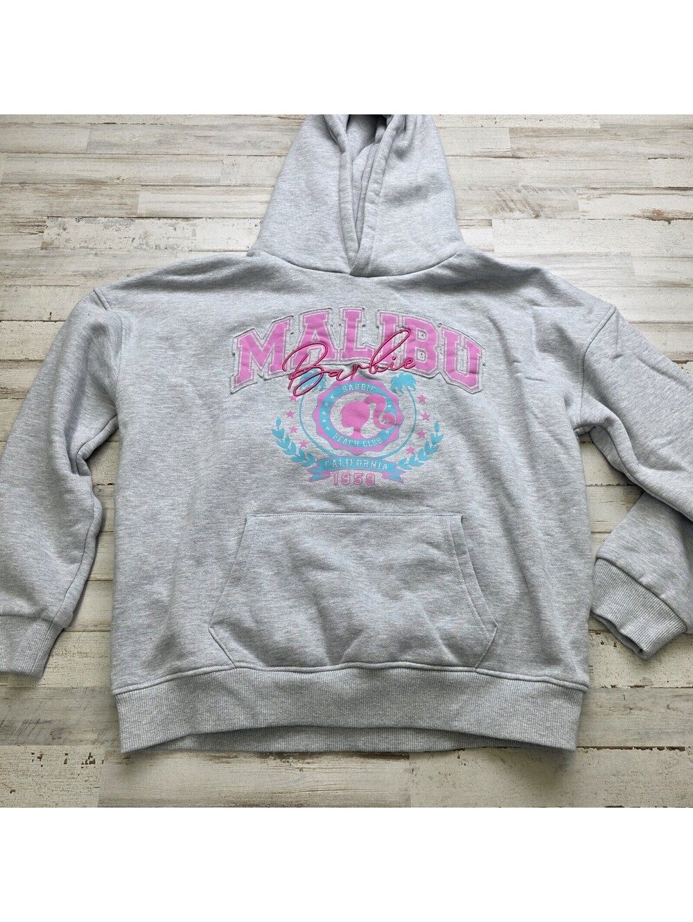 Malibu Beach Barbie Gray & Pink Zip Hoodie Sweatshirt Official Barbiecore LG